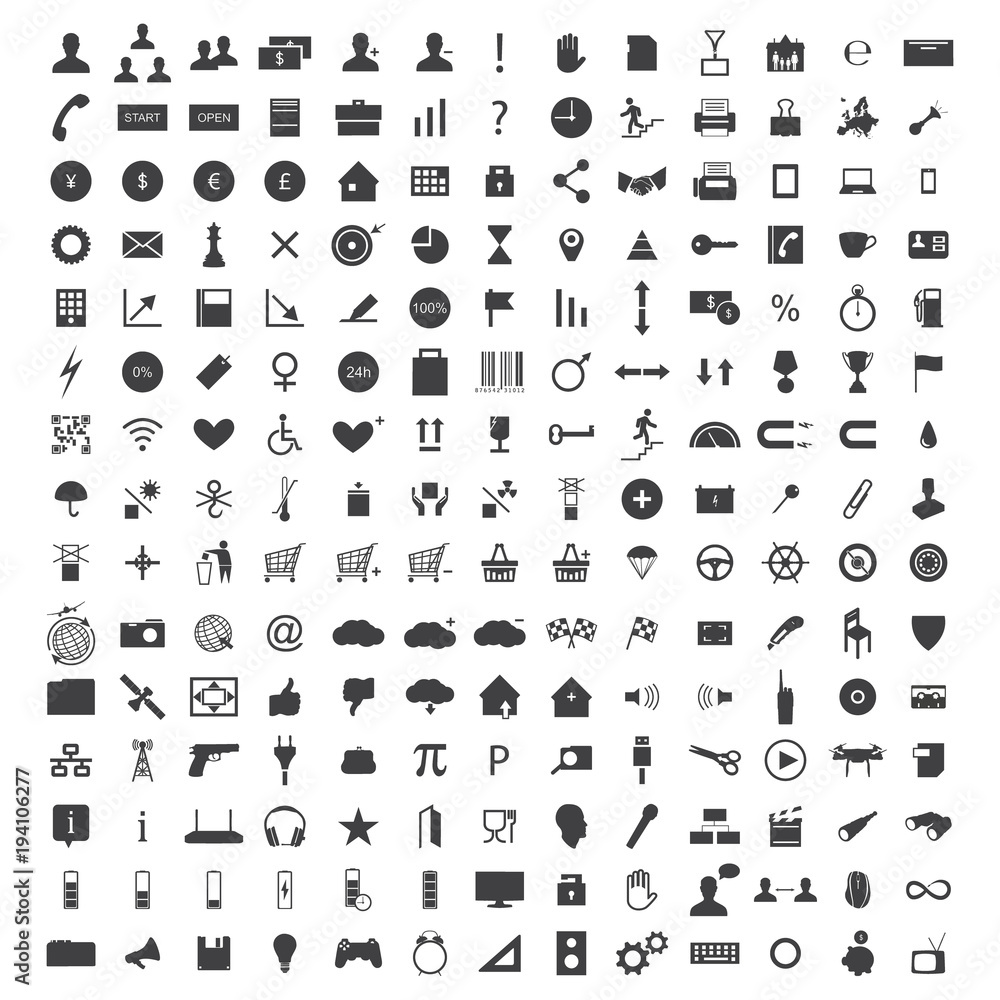 Obraz premium Vector set of 150 + web icons - SEO, development, business, finance, shopping, commerce, transport, media and arrows