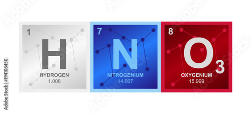 Vector symbol of nitric acid which consists of hydrogen, nitrogen and oxygen on the background from connected molecules