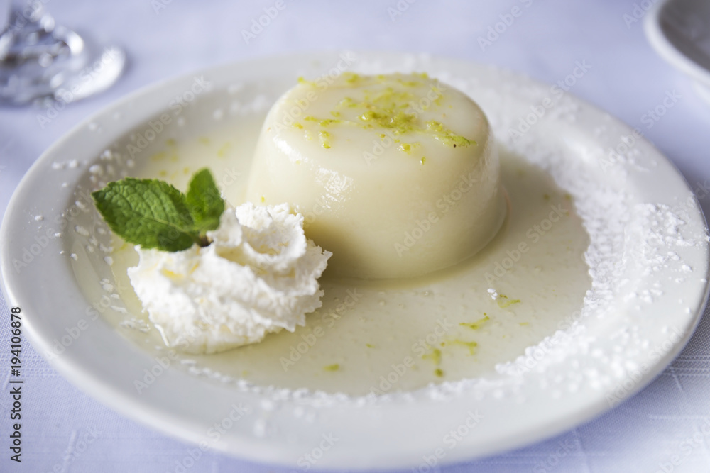 Dessert. Lemon Coconut Panna Cotta on a white plate close-up. Dessert. Lemon Coconut Panna Cotta on a white plate close-up.