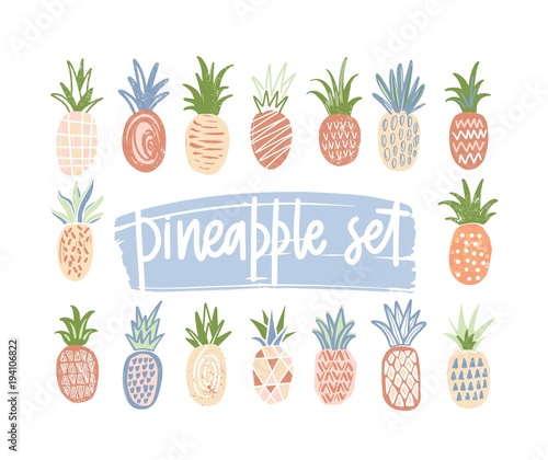 Bundle of hand drawn pineapples of different color and texture isolated on wh...
