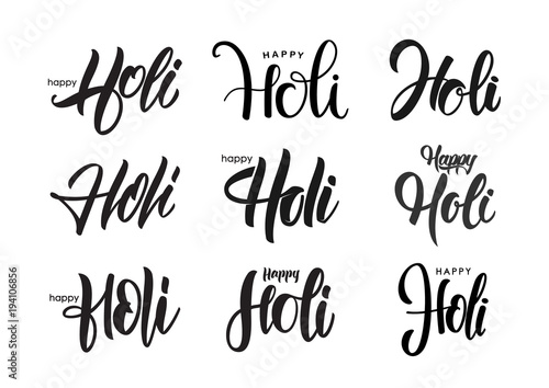 Vector illustration: Big Set of Handwritten brush type lettering of Happy Holi on white background.