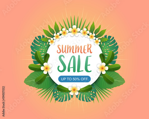 Summer sale background banner with green exotic palm leaves and tropical plants, summer sale concept. Vector illustration