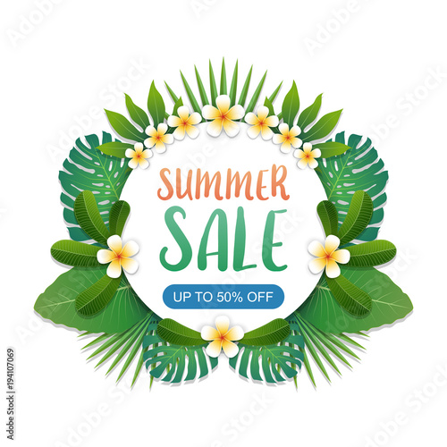 Summer sale background banner with green exotic palm leaves and tropical plants on white background, summer sale concept. Vector illustration