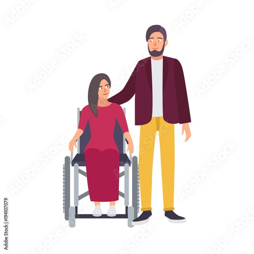Disabled woman sitting in wheelchair and her romantic partner or friend standing beside. Female character with physical disorder or impairment with husband. Flat cartoon colorful vector illustration.