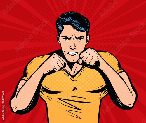 Aggressive and angry man with fists. Fighter, fight club concept. Cartoon vector illustration