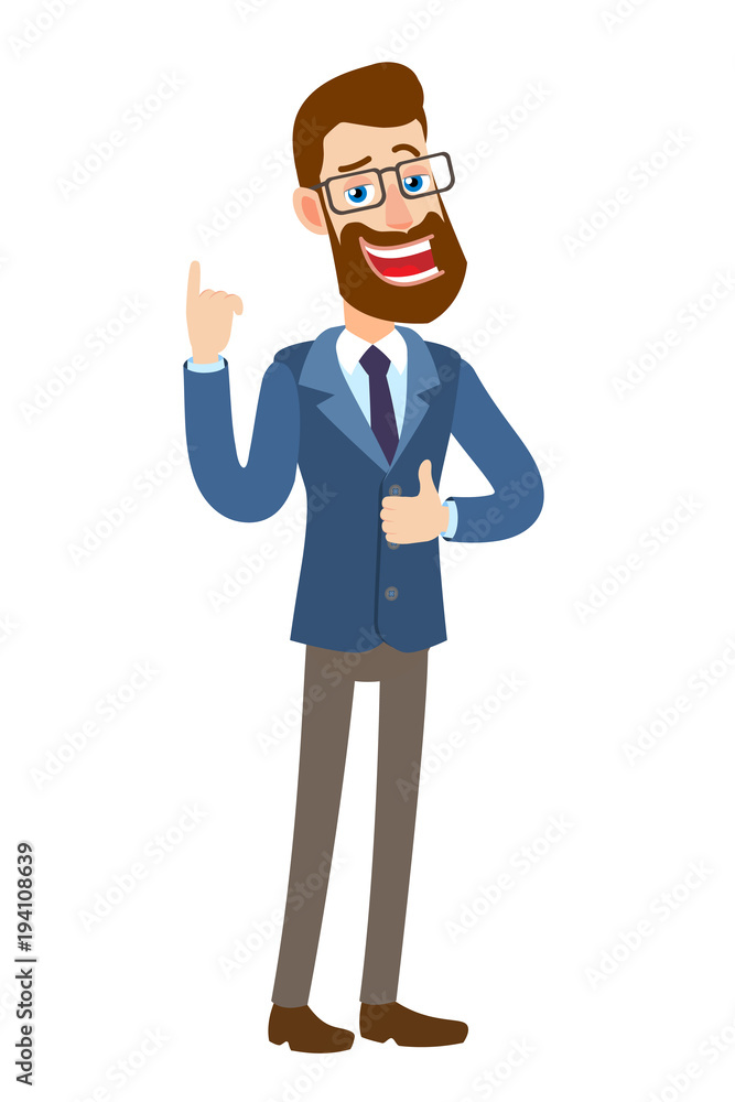 Hipster Businessman showing thumb up and pointing up Hipster Businessman showing thumb up and pointing up