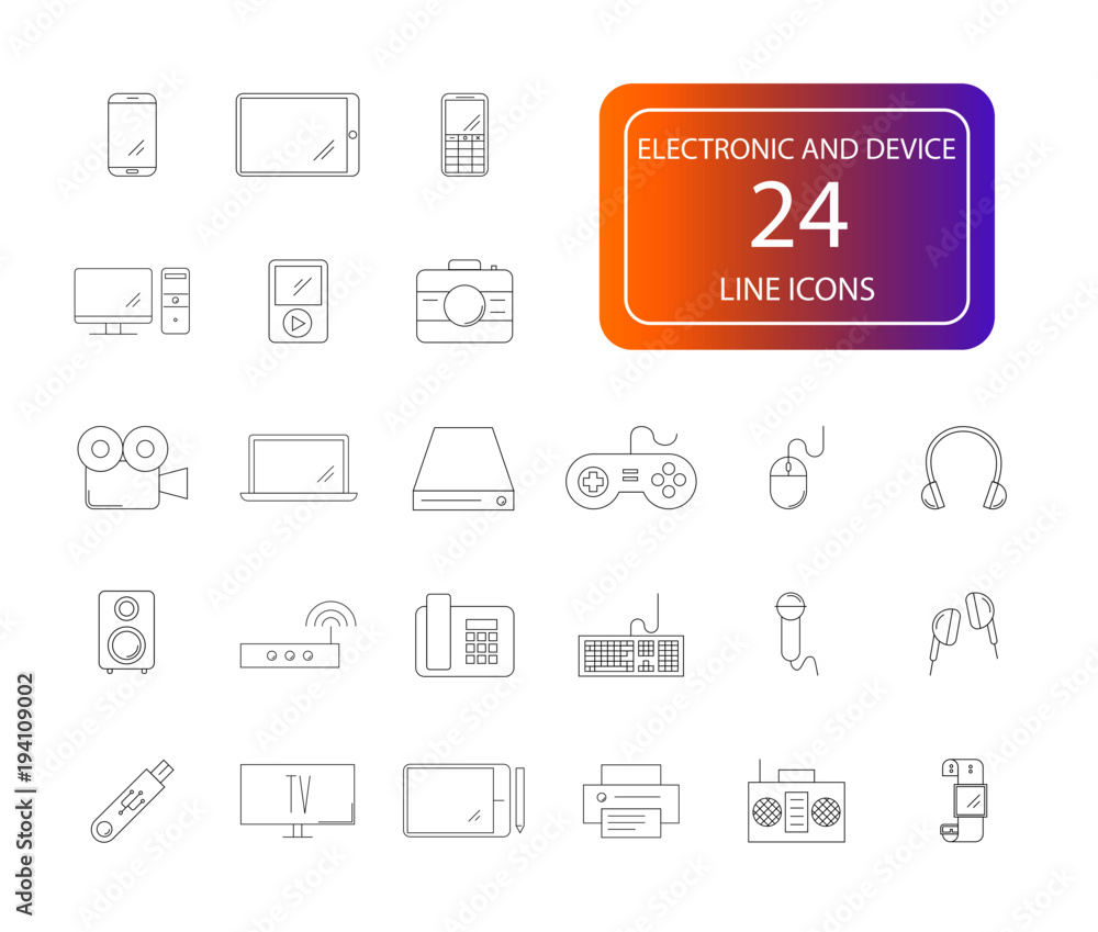Line icons set. Electronic and Device pack. Vector illustration Line icons set. Electronic and Device pack. Vector illustration