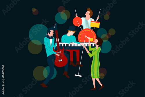 Series of music concert composition with men and women singing and playing electric guitar, piano and drum - Colorful vector illustration isolated on blue background