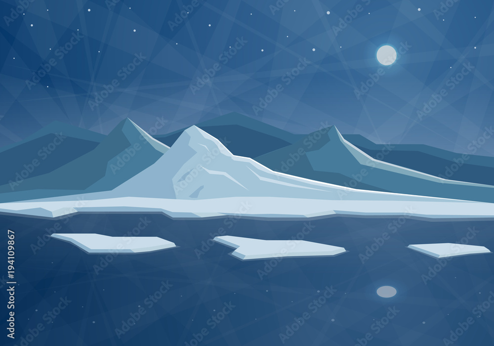Illustration with night northern landscape. Flat abstract mountains and ice floe on the water.