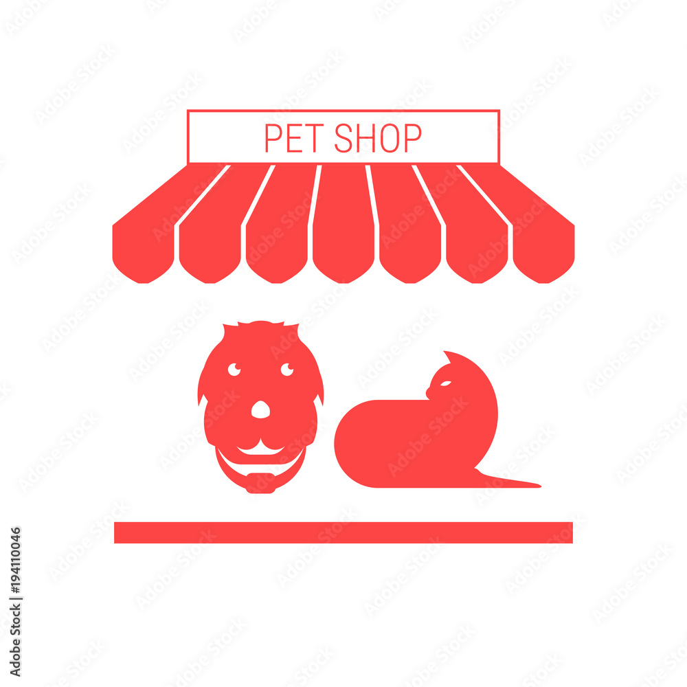 Pet Shop, Dog and Cat Single Flat Vector Icon. Striped Awning and Signboard Pet Shop, Dog and Cat Single Flat Vector Icon. Striped Awning and Signboard