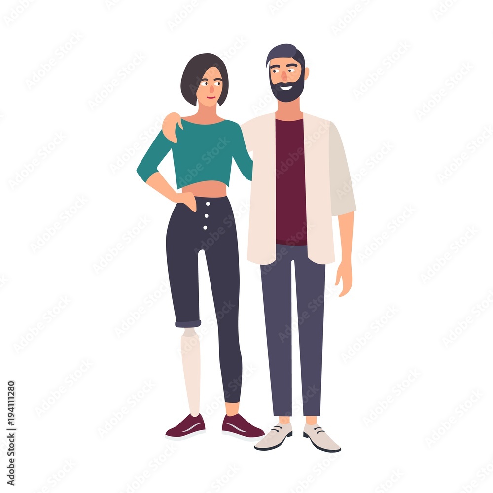 Young woman with artificial limb standing with her boyfriend or romantic partner. Female character with leg prosthesis walking with her husband or male friend. Flat cartoon vector illustration. Young woman with artificial limb standing with her boyfriend or romantic partner. Female character with leg prosthesis walking with her husband or male friend. Flat cartoon vector illustration.