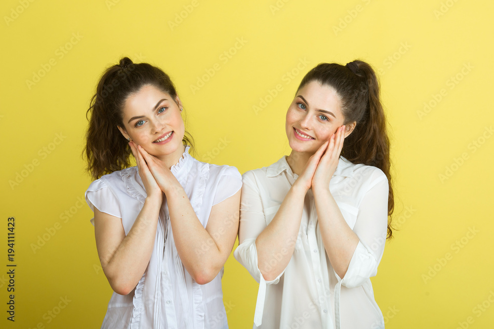 two beautiful joyful sisters twin girls in white blouses on a yellow background two beautiful joyful sisters twin girls in white blouses on a yellow background