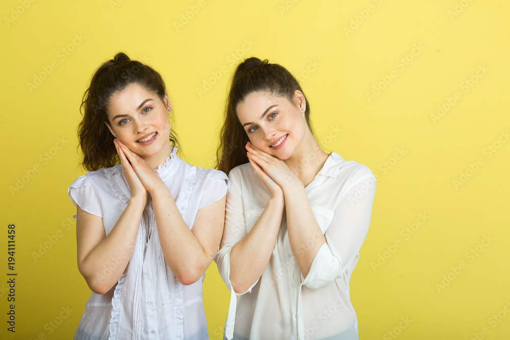 two beautiful joyful sisters twin girls in white blouses on a yellow background two beautiful joyful sisters twin girls in white blouses on a yellow background
