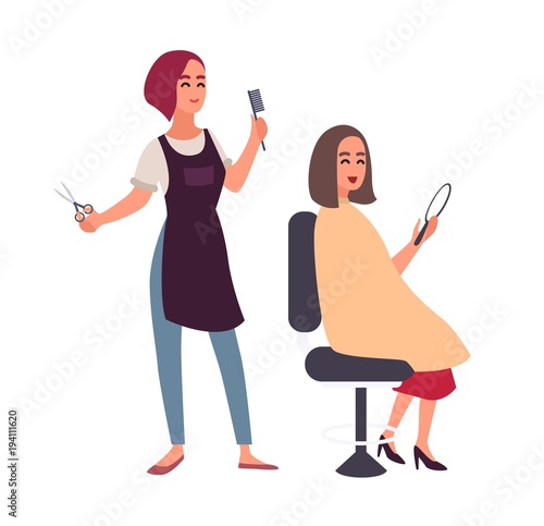 Female hairdresser cutting hair of her happy client sitting in chair and looking in mirror. Smiling women in hairdressing salon isolated on white background. Flat cartoon colorful vector illustration.