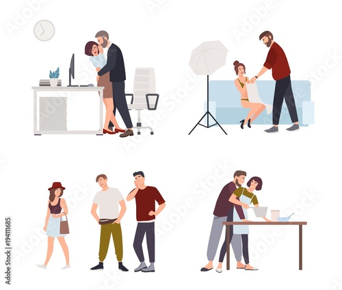 Set of sexual harassment, assault and abuse incidents. Male boss groping female office worker in workplace, film director harassing actress, men whistling and staring at woman. Vector illustration.