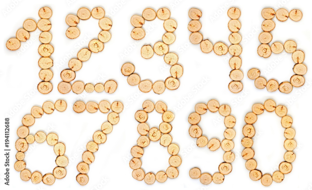 Number made of wood slice on a white background Number made of wood slice on a white background