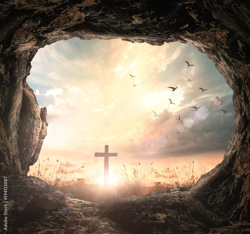 Resurrection of Easter Sunday concept: Empty tomb with cross ...