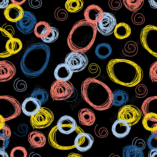 Abstract handmade doodle circle seamless pattern background. Childish handcrafted wallpaper for design card, baby nappy, diaper, scrapbook, holiday wrapping paper, textile, bag print, t shirt etc.
