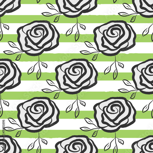 Flowers roses drawn by hand on striped background. Trendy floral seamless pattern.