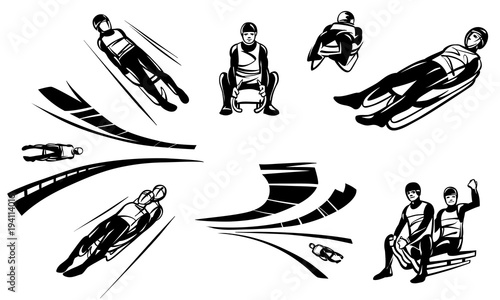 Set of illustrations of competitions in Luge (sledging). Hand drawn illustration