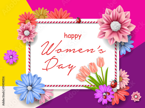 8 march women's day greeting card. Happy Women's Day.  Card for 8 March women's day. Abstract background with paper flower. Vector illustration. © detakstudio