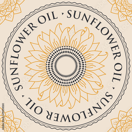 Square vector banner for sunflower oil with sunflower inscribed in a round frame with contour drawings, and floral patterns in the corners