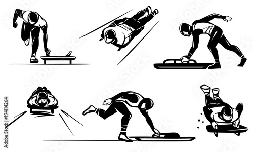 Set of illustrations of competitions in Luge (skeleton). Hand drawn illustration.