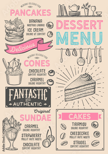 Dessert restaurant menu. Vector food flyer for bar and cafe. Design template with vintage hand-drawn illustrations.
