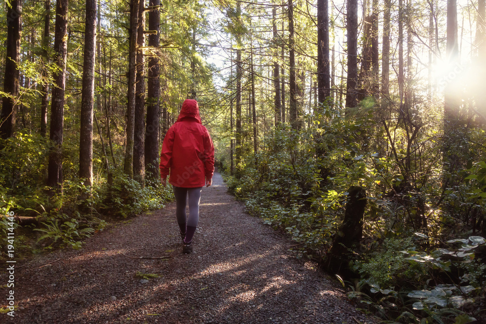 Girl wearing a bright red jacket is walking the the beautiful woods during a vibrant winter morning. Taken in Ucluelet, Vancouver Island, BC, Canada.