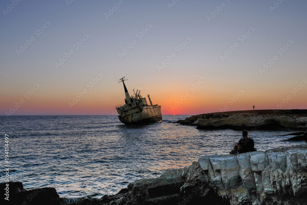Sunset at shipwreck in Pafos, Cyprus