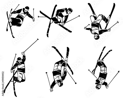 Freestyle skiing. Six skiers in flight. Hand drawn illustration