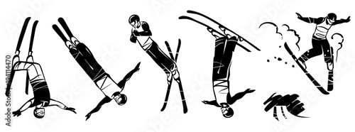 Aerial skiing. Set of illustrations aerial acrobatics. Hand drawn illustration