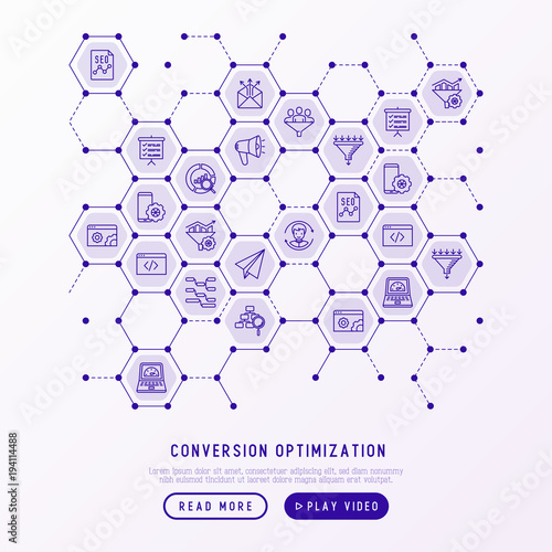 Conversion optimization concept in honeycombs with thin line icons: marketing, SEO technology, website promotion, visitors, sales funnel, web traffic. Modern vector illustration for banner, web page.