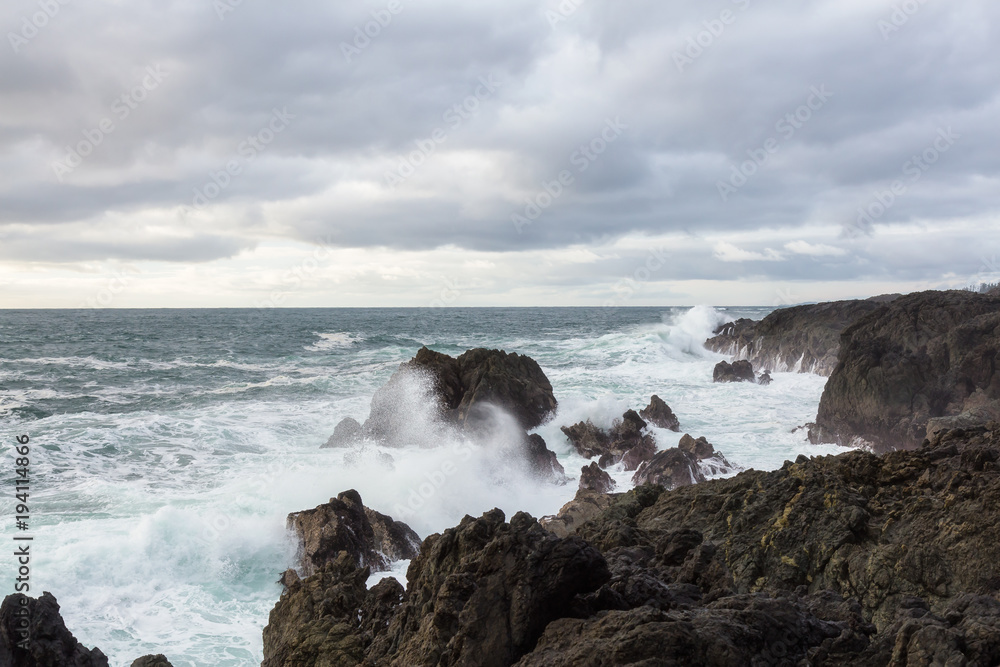 Beautiful seascape view of the rocky shore on the Pacific Ocean Coast during a vibrant winter morning. Taken in Ucluelet, Vancouver Island, BC, Canada. Beautiful seascape view of the rocky shore on the Pacific Ocean Coast during a vibrant winter morning. Taken in Ucluelet, Vancouver Island, BC, Canada.