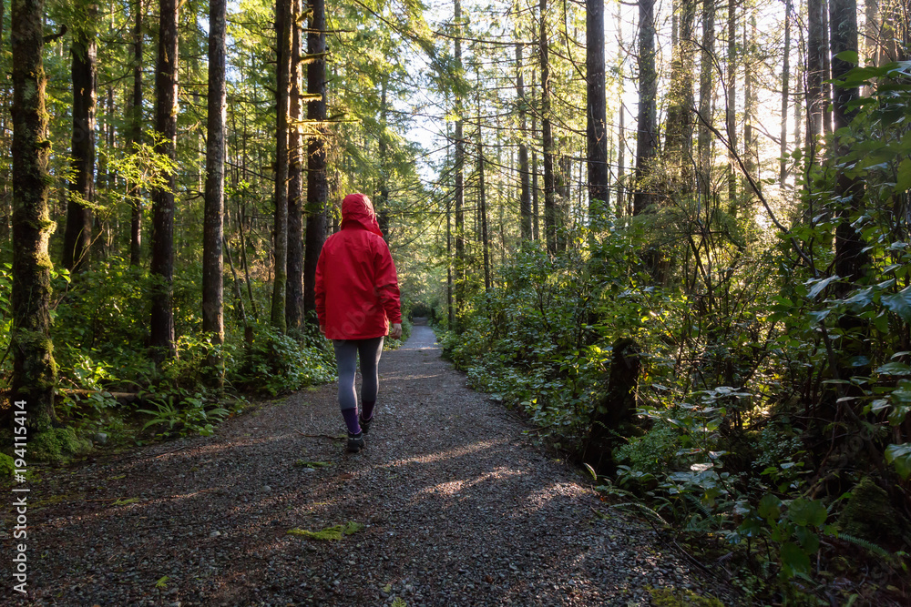 Girl wearing a bright red jacket is walking the the beautiful woods during a vibrant winter morning. Taken in Ucluelet, Vancouver Island, BC, Canada.
