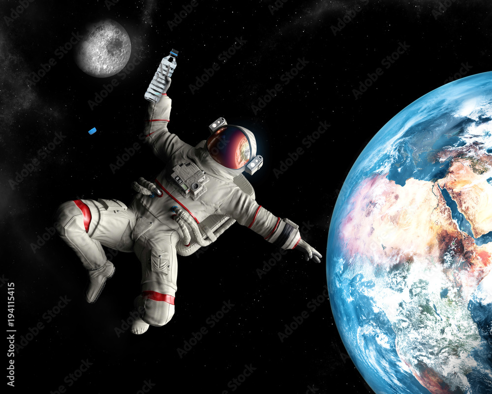 Fototapeta premium Astronaut with bottle of water in space, discovery of water on the moon