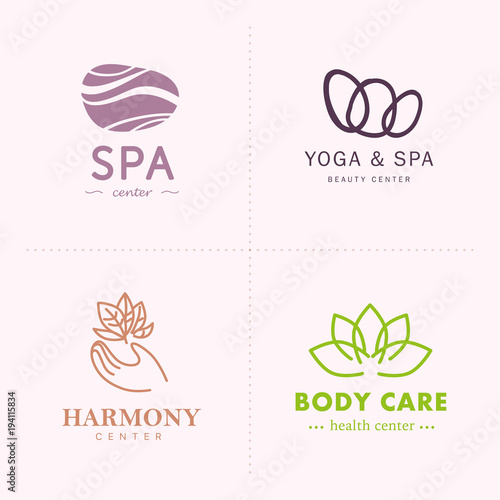 Vector collection of yoga, beauty and  spa symbols in light colors isolated on white background. Perfect for massage saloon, wellness and health care centers, fashion insignia design.