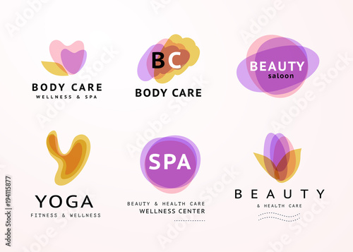 Vector collection of transparent beauty, spa, and yoga symbols in light colors isolated on white background. Perfect for massage saloon, wellness and health care centers, fashion insignia design.