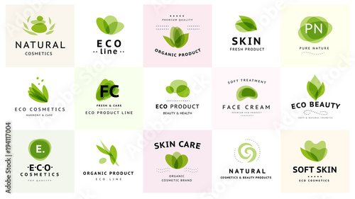 Vector collection of transparent beauty, eco cosmetics and healthy treatment symbols in green colors isolated on white background. Perfect for cosmetic, skin products and health care fashion insignia.