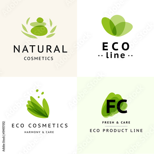 Vector collection of transparent beauty, eco cosmetics and healthy treatment symbols in green colors isolated on white background. Perfect for cosmetic, skin products and health care fashion insignia.