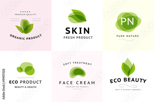 Vector collection of transparent beauty, eco cosmetics and healthy treatment symbols in green colors isolated on white background. Perfect for cosmetic, skin products and health care fashion insignia.