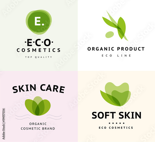 Vector collection of transparent beauty, eco cosmetics and healthy treatment symbols in green colors isolated on white background. Perfect for cosmetic, skin products and health care fashion insignia.