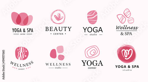 Vector collection of yoga, beauty and  spa symbols in light colors isolated on white background. Perfect for massage saloon, wellness and health care centers, fashion insignia design.