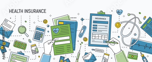 Horizontal banner with hands filling out form of health insurance surrounded by dollar banknotes and coins, pills and other medications, medical tools. Colored vector illustration in line art style.