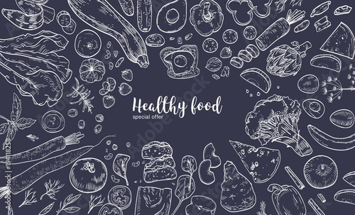 Horizontal banner with frame consisted of various healthy or wholesome food, organic products, fruits and vegetables hand drawn with white contour lines on black background. Vector illustration.