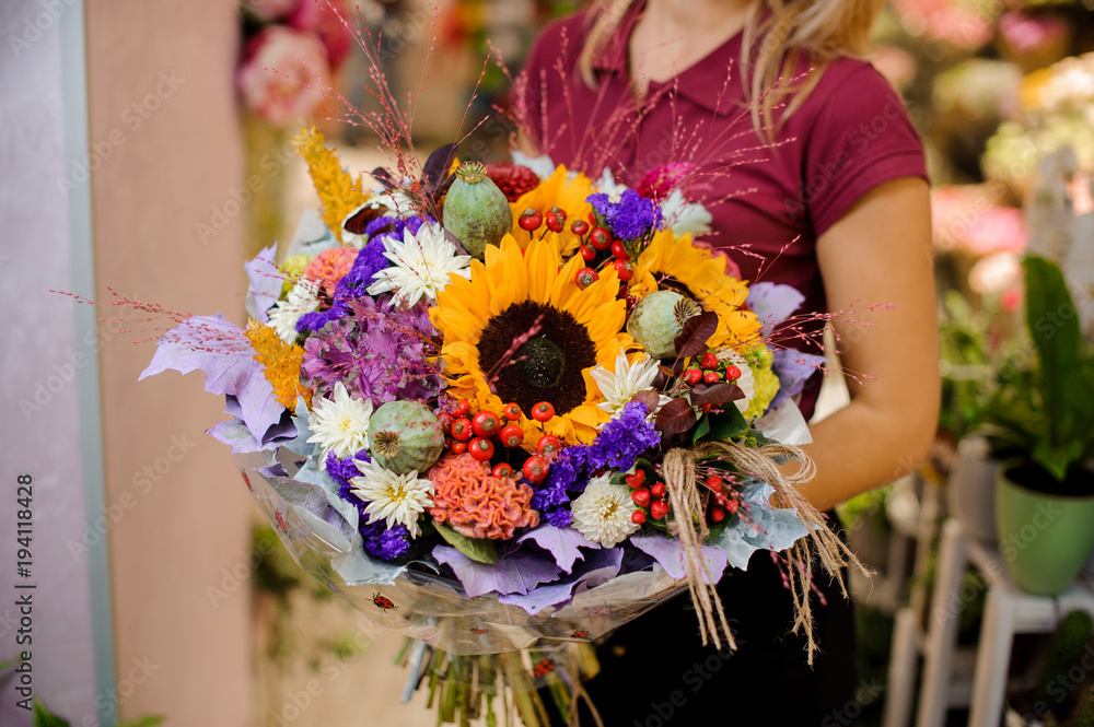 custom made wallpaper toronto digitalgirl holding a bouquet of cornflower, sunflower, dried poppy, chrysanthemum and berries