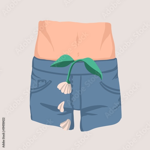 Men's groin and withered flower with falling petals. Concept of impotence, erectile dysfunction or malfunction, inability to obtain penile erection during sexual activity. Colored vector illustration.