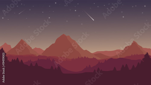 Vector flat cartoon night landscape with red and purple silhouettes of mountains, hills and forest and stars in the sky