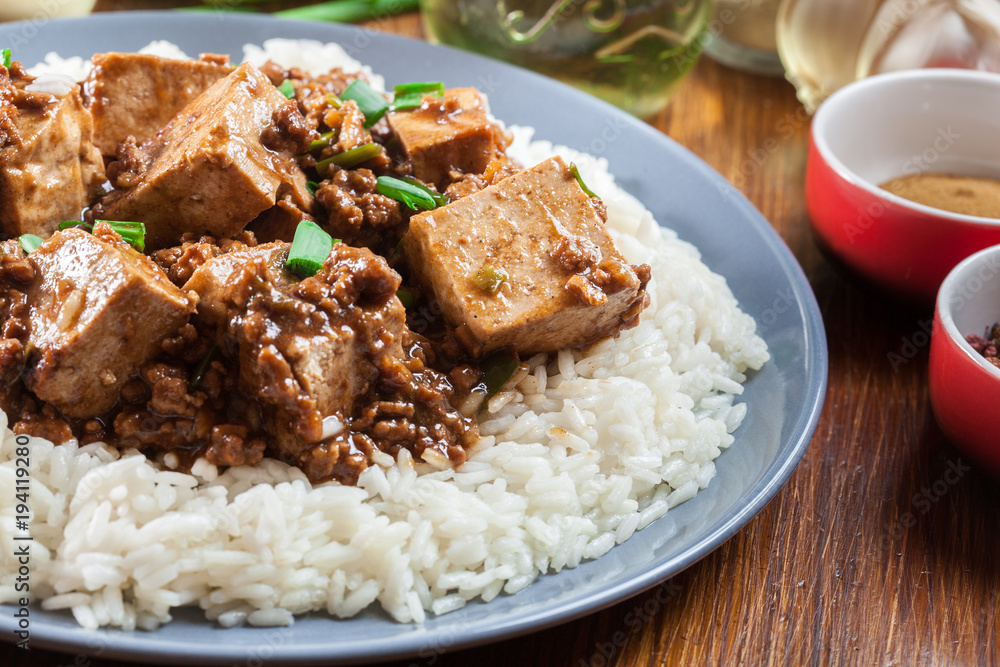 Mapo Tofu - sichuan spicy dish served with rice Mapo Tofu - sichuan spicy dish served with rice