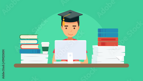 Studying - vector illustration with young student with a computer, many books and papers. Square academic cap. Education concept illustration